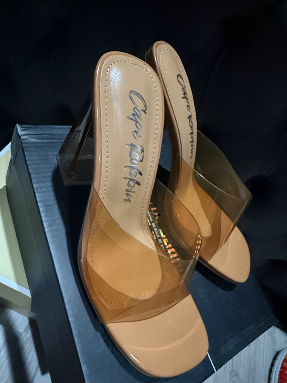 Tan Clear Strap Block Heel Sandals